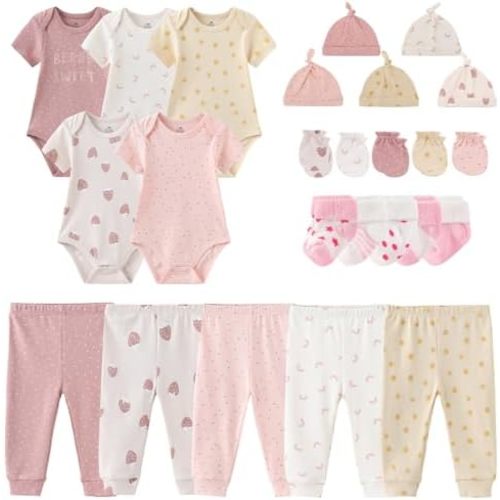 Newborn Layette Gift Set Bodysuits Pants for Baby Girl and Boy 24 Piece 100% Cotton Essentials and Accessories