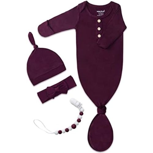 Newborn Baby Knotted Gown, Super Soft Silky Infant Sleeper, Baby Girl Sleep Gown with Mittens, Bow, Clip and Hat Set
