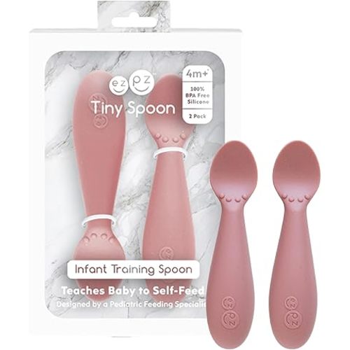 ezpz Tiny Spoon (2 Pack in Blush) - 100% Silicone Baby Spoon for Baby Led Weaning + Purees - 6 Months + - Designed by a Pediatric Feeding Specialist - Baby Essentials & Baby Gifts