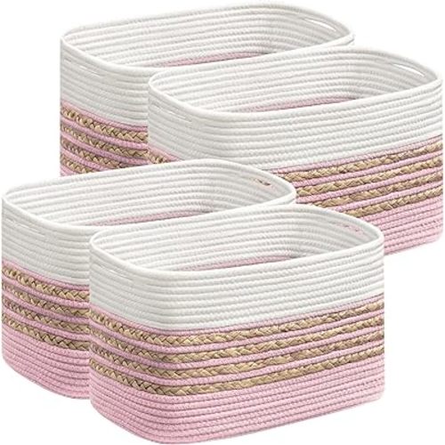 UBBCARE 4 Pack Baskets for Organizing, Woven Storage Baskets for Toys and Towel, Rectangle Cotton Rope Basket with Handles, 14''L x 8''W x9''H, Pink