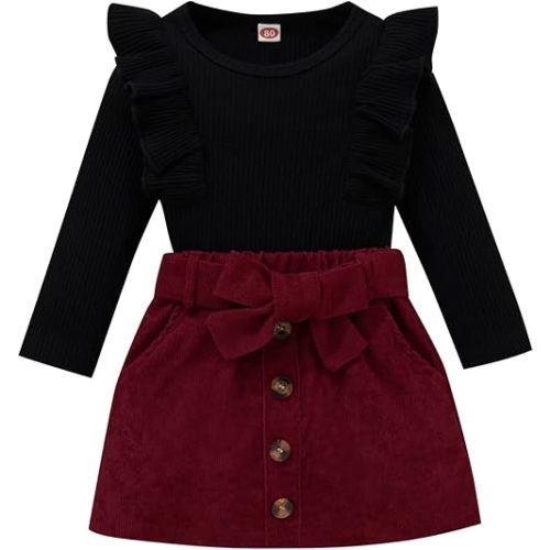 Kaipiclos Toddler Baby Girl Skirt Outfit Solid Color Long Sleeve Turtleneck Knit Sweater + Mini Skirt Fall Winter Clothes