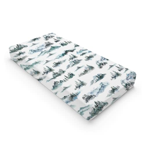 Watercolor Misty Forest Painting Baby Changing Pad Covers for Boy Girl 32''x16'' Woodland Mountain Foggy Fitted Diaper Changing Table Sheets Comfort Soft Breathable Nursery Changing Table Mats
