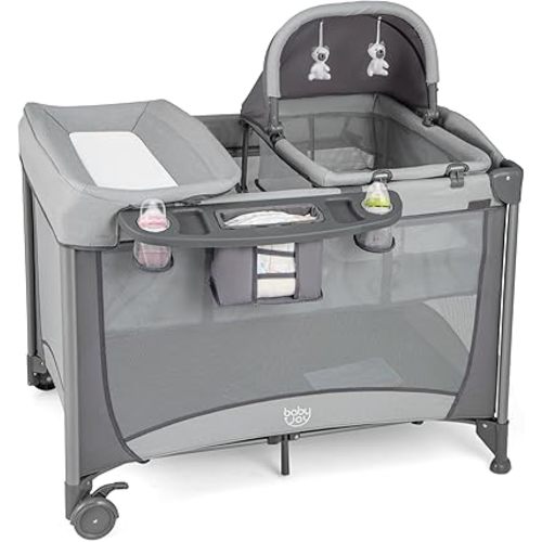 BABY JOY 4 in 1 Pack and Play, Portable Baby Playard with Bassinet & Diaper Changing Table, Infant Bassinet Baby Crib Activity Center with Toys & Oxford Bag from Newborn to Toddlers (Grey, Classic)