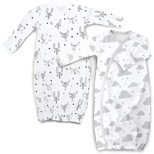 Cambria Baby 100% Organic Kimono Gowns. Side Snaps with Built in Mitts. (0-6 Months, White and Grey Clouds and Animals Patterns)