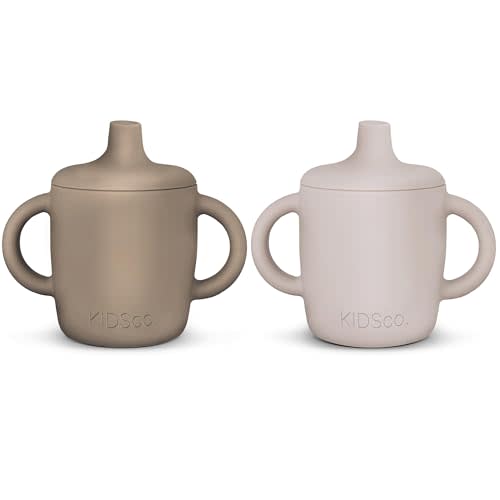 KIDSco. Silicone Sippy Cup and Training Cup for Baby 6 months+ Soft Spout and Handles Unbreakable Easy Grip for Babies 6-12 months and Toddlers 1-3 years 5oz/150ml (Oat and Tan)