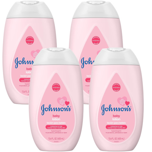 (4 Pack) Johnsons Baby Moisturizing Mild Pink Baby Lotion with Coconut Oil for Delicate Baby Skin, Paraben-, Phthalate- And Dye-Free, Hypoallergenic And Dermatologist-Tested, Baby Skin Care, 13.6 Fl. Oz
