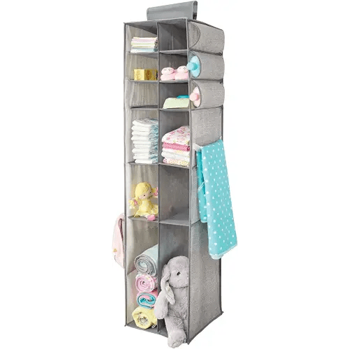 mDesign Long Fabric Hanging Organizer - Over Closet Rod Storage with 12 Shelves and Side Pockets for Baby Nursery Bedroom Organization - Hold Clothes, Linens, Toys, Accessories, Lido Collection, Gray