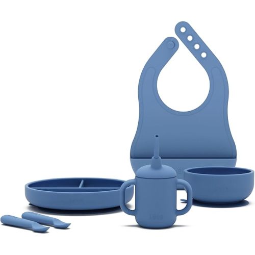 Lalo First Bites Silicone Baby Feeding Set - Baby Led Weaning Supplies - Non-Toxic Silicone - Includes 1 Bib, 2 Spoons, Training Cup, Suction Plate and Bowl - 6 Pieces - Blueberry