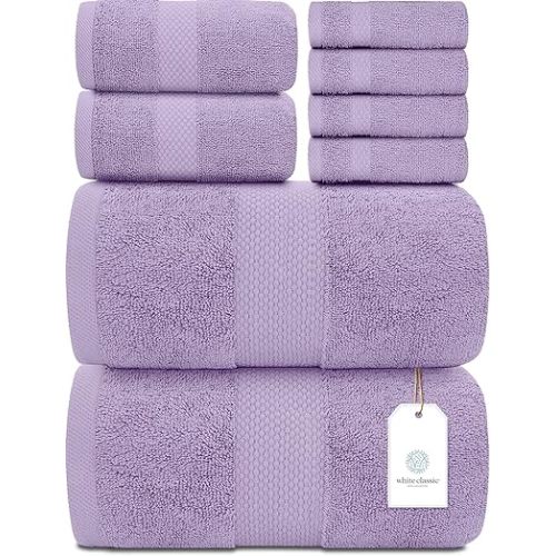 White Classic Luxury Lavender Bath Towel Set of 8-100% Turkish Cotton