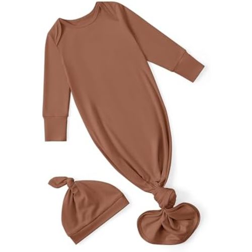 PATPAT Baby Sleeper Gown with Hat for Newborn, Knotted Baby Gown with Fold-Over Mittens for Infant Girl Boy Home Coming Gift