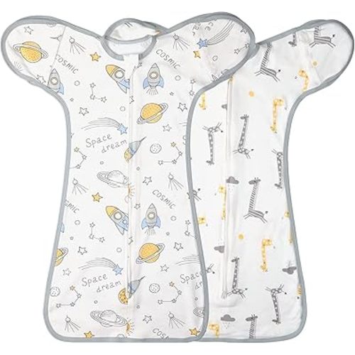 2 Pack Transition Swaddle with 2 Way Zipper, 2 in 1 Arms in/Out Transitional Arms Up Swaddle, 100% Cotton Newborn Swaddles Zipper Swaddles Baby Swaddling Sack Sleeping Sack 0-3 Months