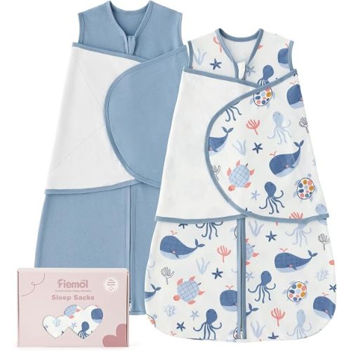 Baby Swaddle Sleep Sack 3-6 Months, Cotton Swaddles for Newborns Boys Girls, 2-Way Zipper Transitional Infant Wearable Swaddling Blanket with Quiet Closure, 0.5 TOG 2 Pack Soft Blue Whale