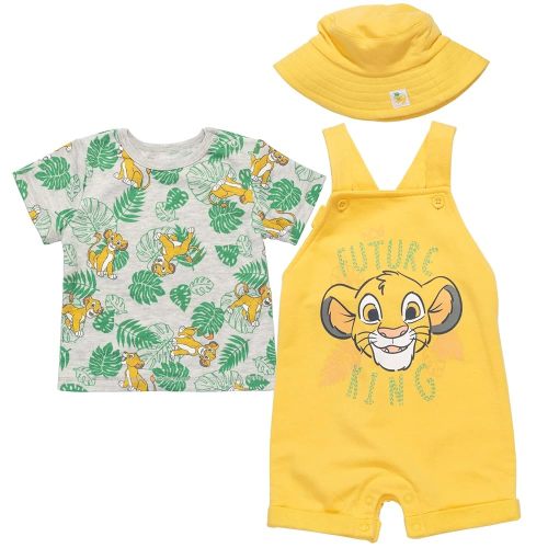 Disney Junior Baby French Terry Short Overalls, T-Shirt and Hat 3 Piece Outfit Set Newborn to Infant Sizes (OS - 24 Months)