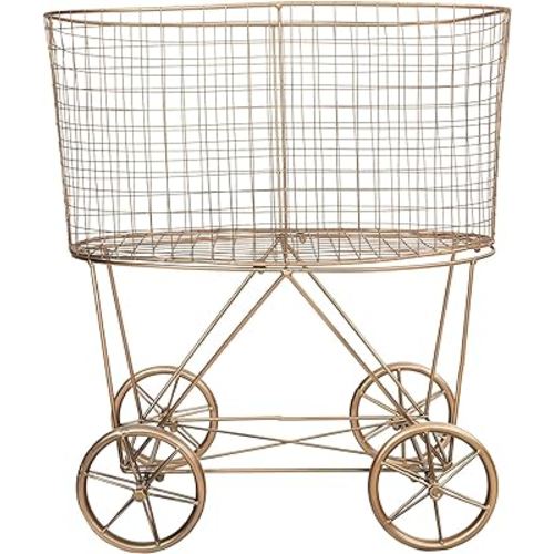 Creative Co-Op Vintage Reproduction Decorative Metal Laundry Basket on Wheels, Copper