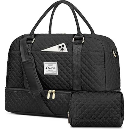 Weekender Bags for Women Travel Bag - Duffle Bag with Shoe Compartment Carry on Overnight Bag for Women Hospital Bags for Labor and Delivery 2Pcs Set Black
