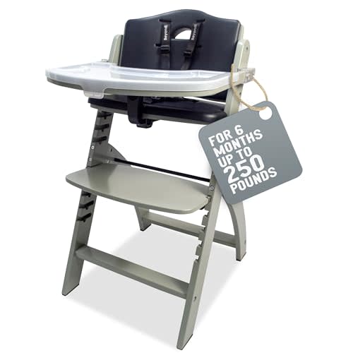 Abiie Beyond Junior Wooden High Chair with Tray - Convertible Baby Highchair - Adjustable High Chair for Babies/Toddlers/6 Months-250 Lbs - Misty Grey Wood/Black Pearl Cushion