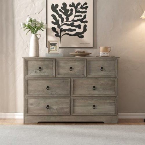 7 Drawers Dresser for Bedroom, Rustic Wood Dresser with Power Outlet, Wide Chest of Drawers Anti-tip, Embossed Drawer, Farmhouse Storage Dresser for Closet, Living Room, Hallway, Entryway, Grey