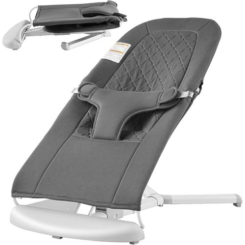 VEVOR Baby Bouncer, Folding Bouncer Seat for Babies 0-9 Months, Portable Baby Bouncer Seat with 2 Reclining Angles, 3-Point Harness & Carrying Bag, Ideal for Indoors Outdoors, Dark Gray