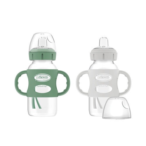 Dr. Brown’s® Milestones™ Wide-Neck Sippy Bottle with 100% Silicone Handles, Easy-Grip Bottle with Soft Sippy Spout, 9oz/270mL, 6m+, Green and Gray, 2-Pack, BPA free