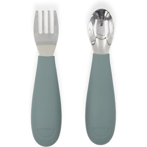 Yeah Baby Goods Silicone Toddler Fork & Spoon (Jade) - Easy Grip, Stainless Steel Kids Cutlery Set - Dishwasher Safe, Food Grade Silicone Silverware for Babies - Self-Feeding Toddler Utensils Set
