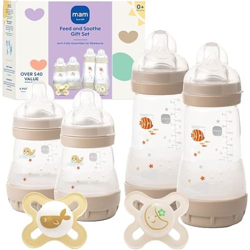 MAM Easy Start Anti-Colic Baby Bottle Starter Set – 4 Self Sterilizing Bottles (5oz & 9oz) + 2 Newborn Pacifiers Breastfed Baby Feeding Gift Set