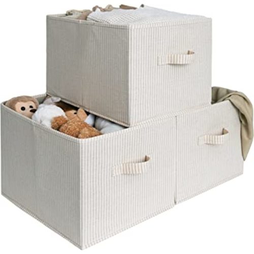 StorageWorks Storage Baskets for Shelves, Foldable Fabric Closet Storage Bins with Handles, Fabric Storage Bins Clothes Organizer, Beige Stripes, 3-Pack, Large