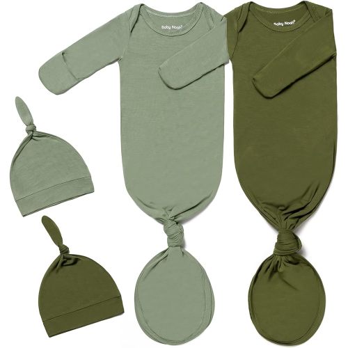 2Pk Newborn Baby Knotted Gown, Super Soft Silky Infant Long Sleeve Sleeper for Baby Sleeping with Hat or Headband (2 Packs)