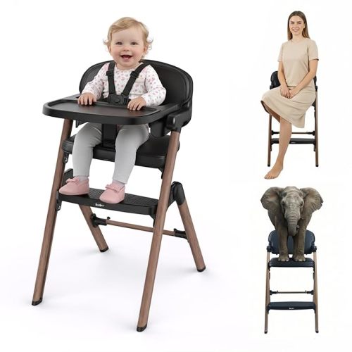 High Chair, Foldable High Chairs for Babies and Toddlers Ultra Safe for Infant or Adults Up to 150 Lbs, Easy Clean, Removable Tray/Adjustable Footrest for Baby Feeding HighChair, Black