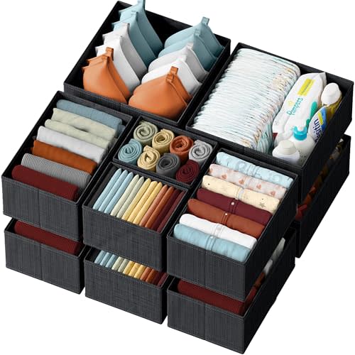 Drawer Organizer Clothes Set of 12 Black - Dresser Organizer For Nursery, Bedroom, Closet - The Perfect Baby Clothes Organizer and Storage & General Nursery Organization or Dresser Drawer Organizers