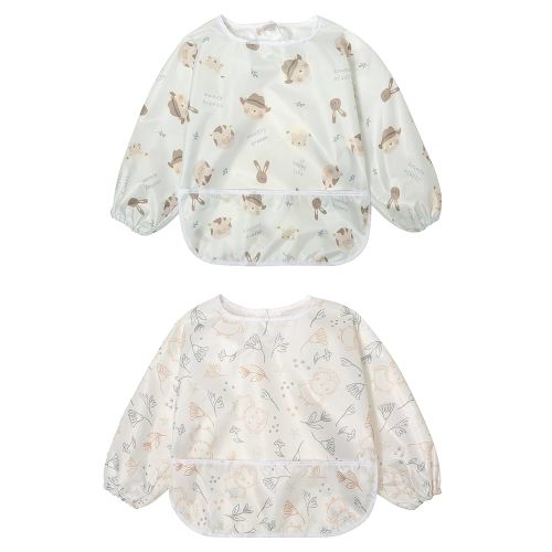 Little Dimsum Full Sleeved Feeding Bib 2 Pack,Baby & Toddler Waterproof Bib Apron,Food Protection Large Pocket Eating Smock 6-48 Months(Hat Bear&owl)