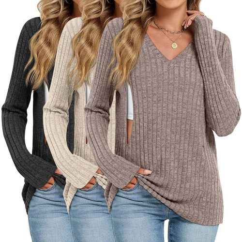 Oakgarden 3 Pack Women's Maternity Nursing Tops, V Neck Breastfeeding Sweaters Long Sleeve Hidden Zipper Shirts(Black, Apricot, Coffee,Medium)
