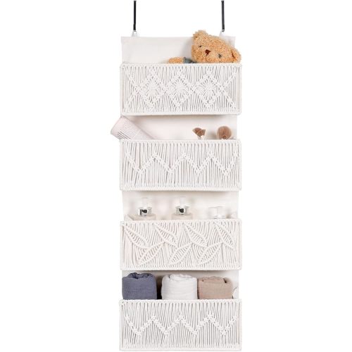 Macrame Over the Door Organizer Boho Decor Nursery Storage, Leaf Weaving Closet Organizers and Storage，with 4 Hanging Pockets, Behind Door for Bathroom, Bedroom