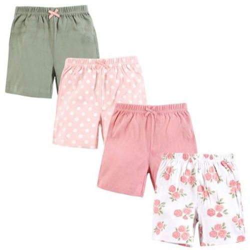 Hudson Baby Infant Girl Shorts Bottoms 4-Pack, Soft Pink Roses, 6-9 Months
