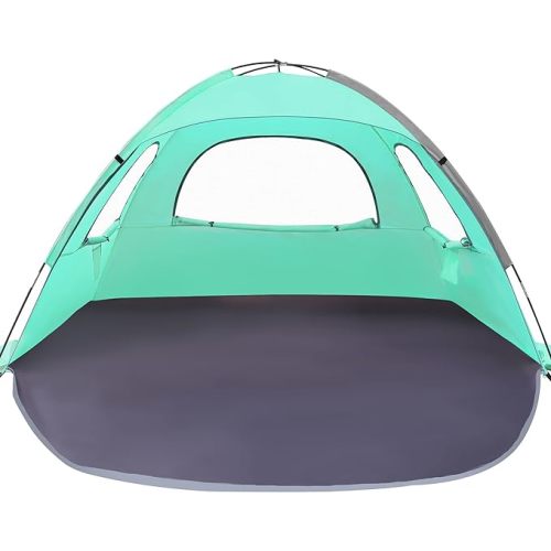 WhiteFang Beach Tent Anti-UV Portable Sun Shade Shelter for 3 Person, Extendable Floor with 3 Ventilating Mesh Windows Plus Carrying Bag, Stakes and Guy Lines - Beach Glass