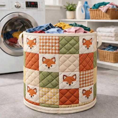 Fox Quilted Laundry Basket, Woodland Fabric Storage Bin, Forest Animal Laundry Hamper, Nursery Storage Basket, Cottagecore Home Decor Gift