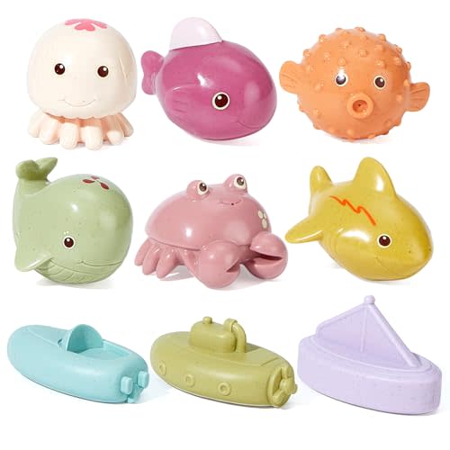 BYKASIST Mold-Free Baby Bath Toys No Holes, 9 Pack Sea Animals & Floating Boats for Babies 6-12 Months & Toddlers 1-3 Years Old | Bathtub, Pool, Shower Safe Toys | Baby Gift for Infants, Girls & Boys