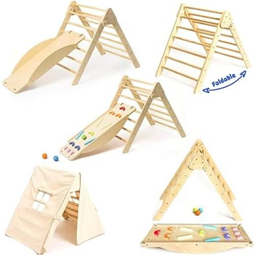Pikler Triangle Climber with Ramp - Toddler Climbing Toys Indoor Montessori Climbing Toy Set Pickle Triangle Montessori, Baby Climbing Toys Indoor, Pickler Set Wooden Play Gym, Kids Climbers