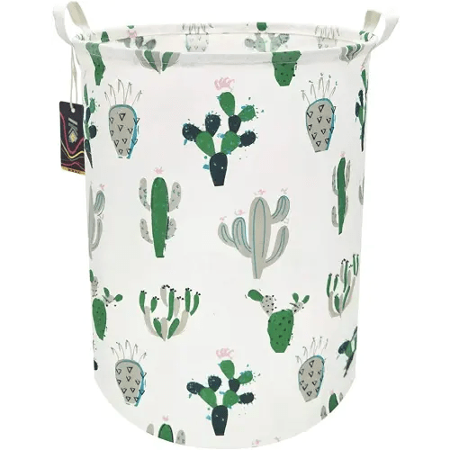 Green Cactus Laundry Basket,Baby Clothes Hamper for Nursery,Kids Toys Storage Bin,Waterproof Canvas Organizer Basket for Bedroom Decor,Gift Baskets(Green and Gray Cactus)