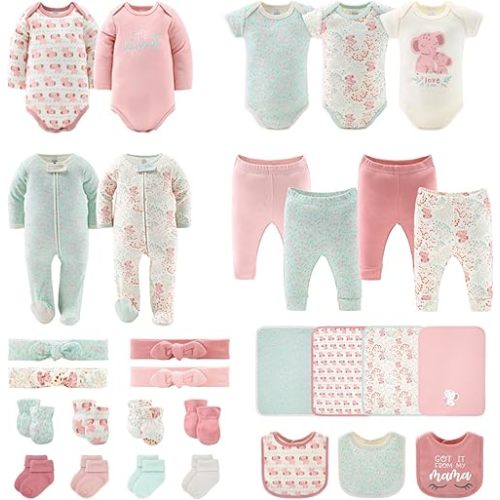 The Peanutshell Baby Layette Gift Set for Baby Girls - 30 Piece New Born Baby Girl Gift Set, Baby Clothes & Newborn Essentials Must Haves - Newborn Baby Girl Clothes 0-3 Months - Floral Elephant
