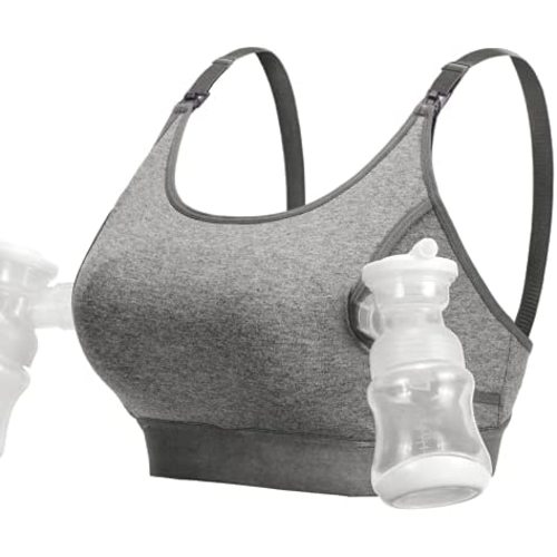 Momcozy Hands Free Pumping Bra, Adjustable Breast-Pumps Holding and Nursing Bra, Suitable for Breastfeeding-Pumps by Lansinoh, Philips Avent, Spectra, Evenflo and More(Grey,Medium)