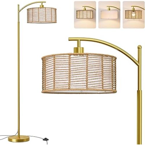 Oneach 62.5'' Arc Floor Lamp for Living Room, Rattan Boho Floor Lamp with Gold Metal Base, Double Shades, Farmhouse Rustic Modern Standing Lamp for Bedroom Office Corner