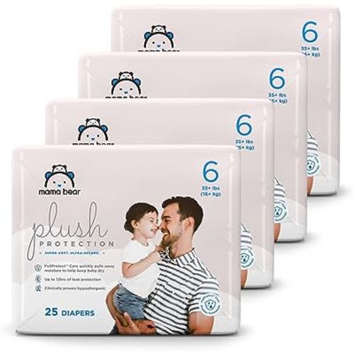Brand - Mama Bear Plush Protection Diapers, Hypoallergenic, Size 4,  36 Count, White and Cloud Dreams