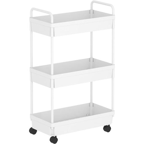 Buzowruil Rolling Storage Cart 3 Tier Organizer Mobile Shelving Unit Storage Rolling Utility Cart with Wheels for Kitchen Bathroom Laundry,White