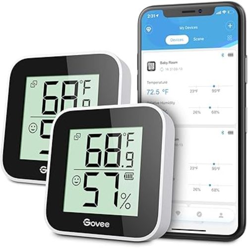 Govee Temperature Humidity Monitor 2-Pack, Indoor Room Thermometer Hygrometer with App Alert, Mini Bluetooth Digital Thermometer Humidity Sensor with Data Storage for Home Greenhouse Cellar