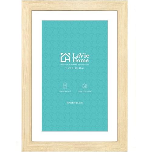 LaVie Home 11x17 Picture Frame Beige Oak Wood Poster Frame, Display Pictures 8x12 with Mat or 11x17 Without Mat, Stable Frame and Polished Plexiglass, Horizontal and Vertical Format of The Walls