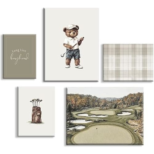 Golf Nursery Wall Art Vintage Sports Decor Wall Baby Boy Room Prints Teddy Bear Canvas Golf Course Poster Kids Animal Pictures Sage Green Painting Artwork for Playroom Bedroom 8x10x5 Inch Unframed