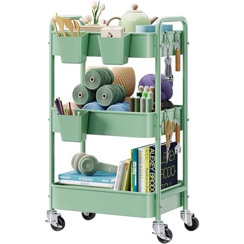 3 Tier Rolling Storage Cart Metal with Wheels, Green Baby Diaper Caddy Carts, Three Tiered Craft Cart Organizer on Wheels, Utility Roller Trolley for Art, Book, Snack, Office, Laundry, Bathroom Shelf