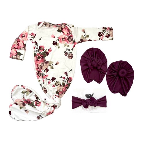 Baby knotted gown, “Morgan” Wine and Pink Floral knot gown, Wine Turban, Baby Gown, take home outfit, baby gift,turban, baby clothes