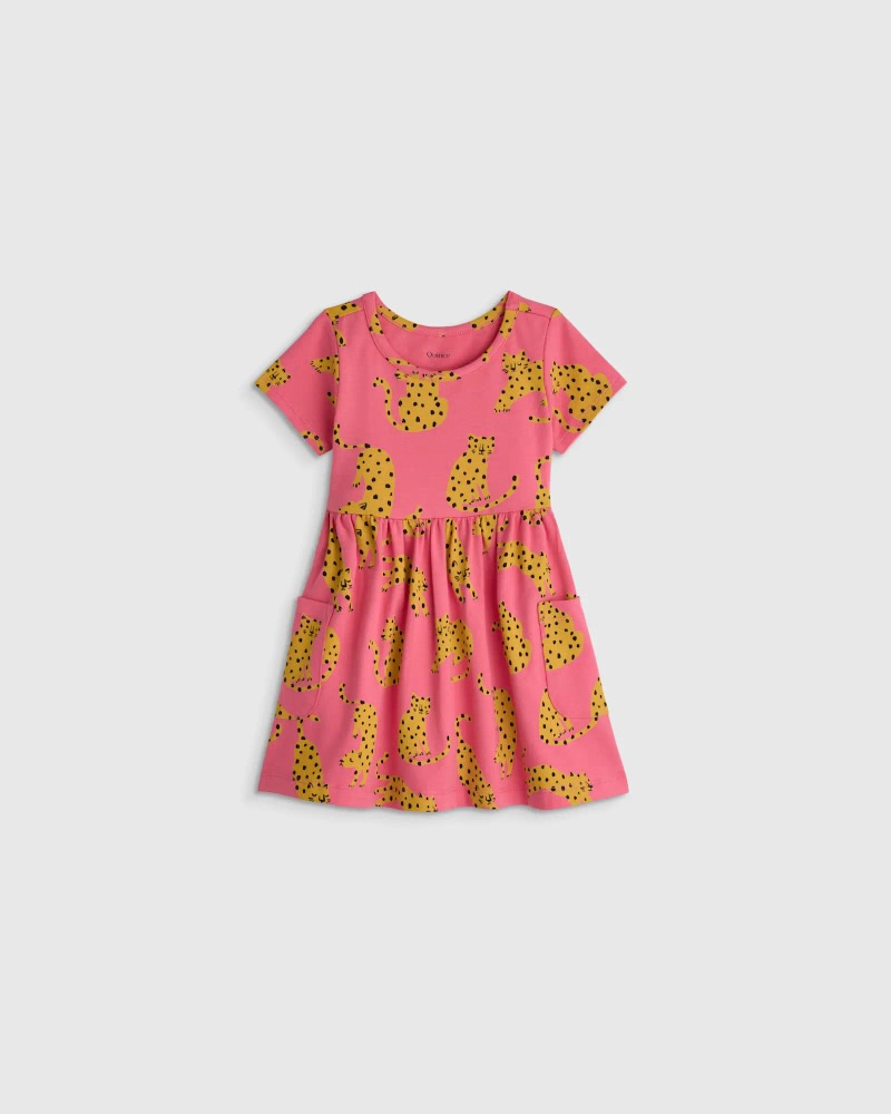 Organic Cotton Fit and Flare Pocket Dress - Baby Girl in Pink Jungle Cats