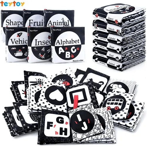 My First Soft Book,teytoy Nontoxic Fabric Baby Cloth Activity Crinkle Soft Black and White Book for Infants Boys and Girls Early Educational Toys Perfect for Baby Shower -Pack of 6